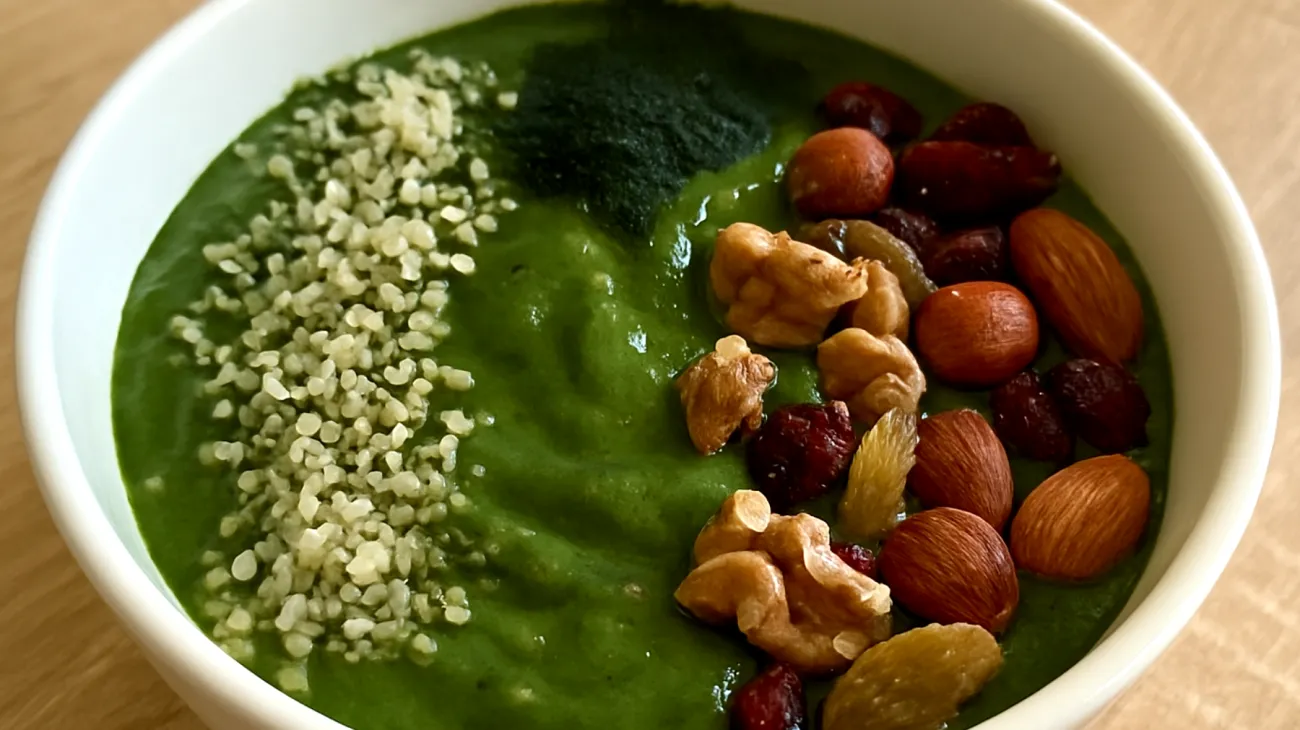 Smoothie bowl con semi di canapa, spirulina e frutta secca"
